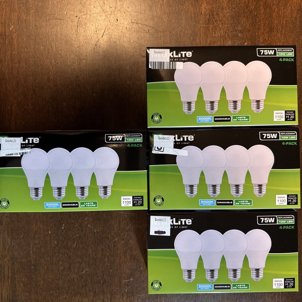 4 Pack Maxlite 10W LED Bulb = 75 watt replace A19 Daylight 5000K LED Light 75w